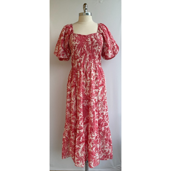 Anna Cate Mae Midi Dress Puff Sleeves 100% Cotton Boho Floral Pink sz L - Picture 1 of 5